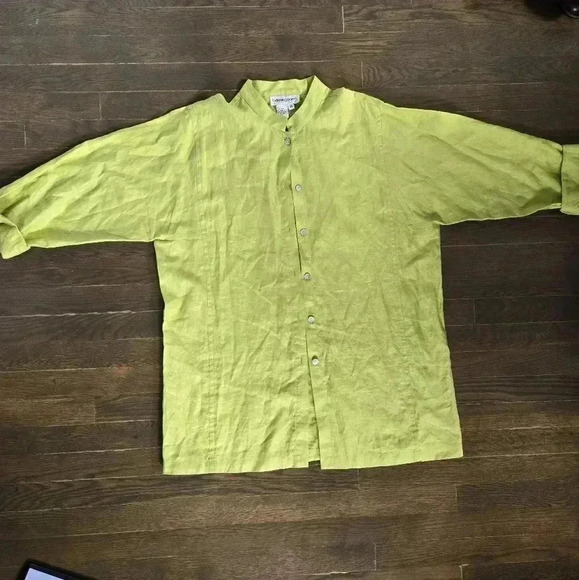 Bloomingdale 100% linen chartreuse button down shirt size 14 - Picture 2 of 10